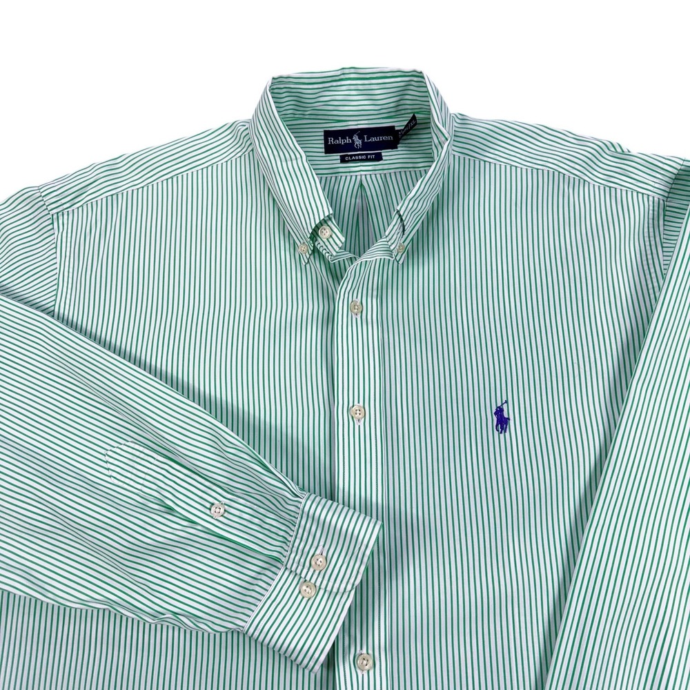 Ralph Lauren Shirt Mens XL 17.5 Green Stripe Classic Fit Button Down Preppy